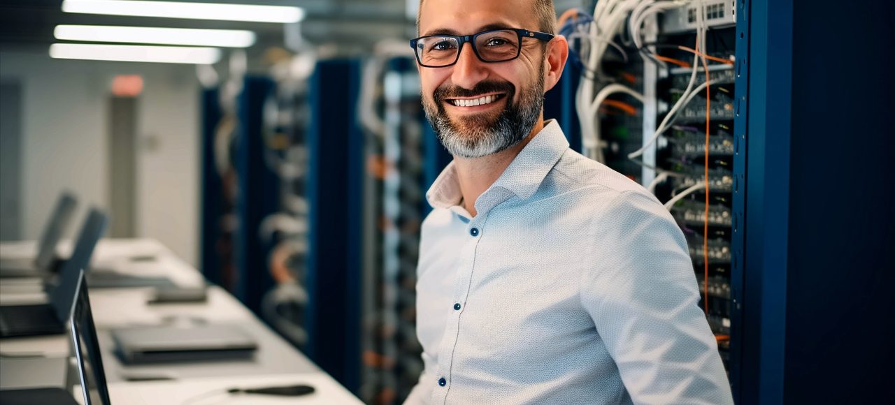 man smiling while sat in datacentre