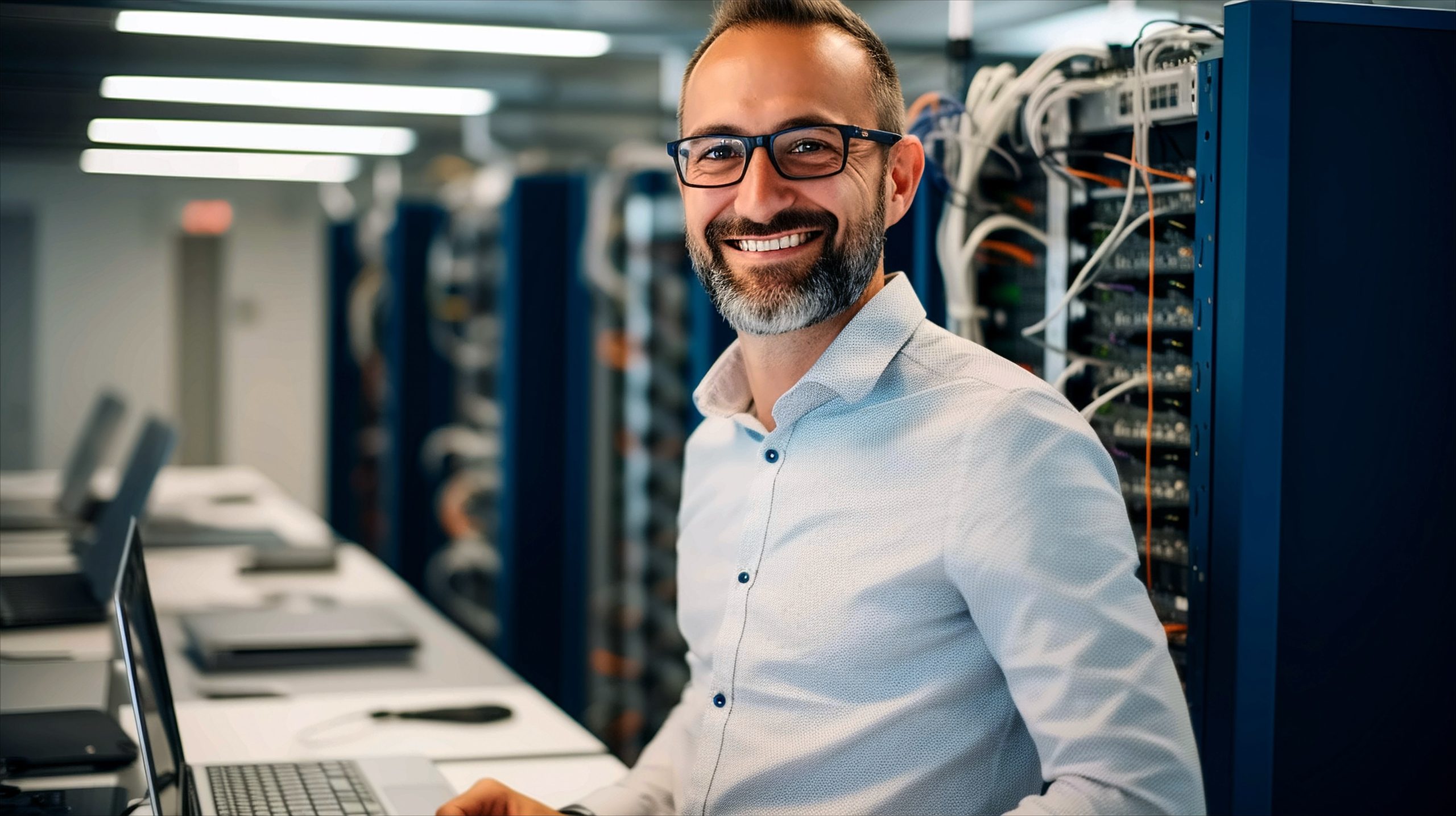 man smiling while sat in datacentre